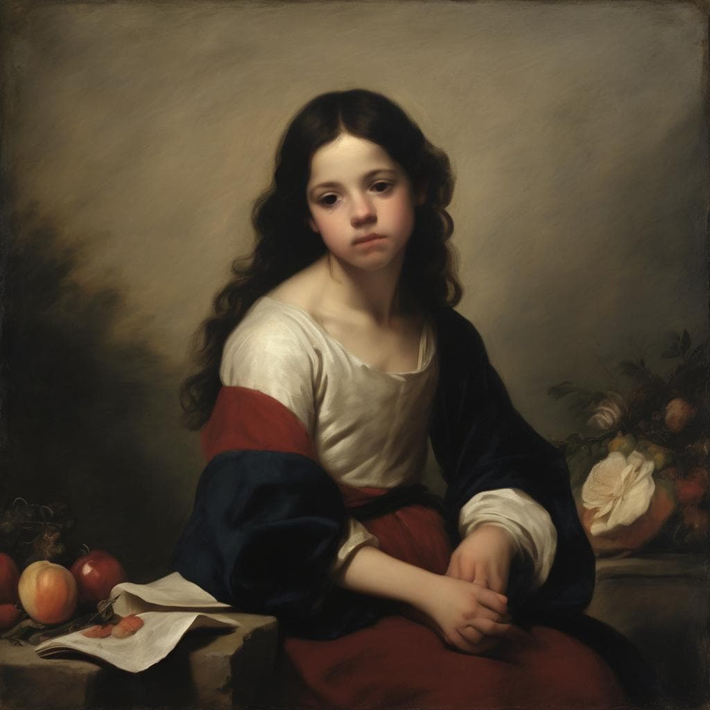 Πορτρέτο νεαρής γυναίκας με μαύρα μακριά μαλλιά, σε κλασικό ζωγραφικό ύφος, με φρούτα και λουλούδια στο αριστερό και δεξί πλευρό, χαρακτηριστικό έργο μεγάλα ονόματα της τέχνης.