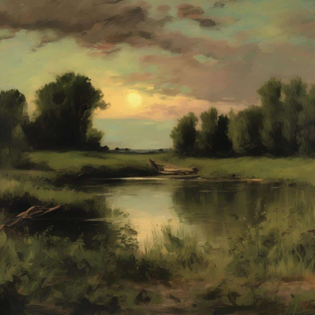 Ουράνιο τοπίο με ποτάμι και δέντρα, αποτύπωση σε ρεαλιστικό στυλ, γήινα χρώματα, ήρεμη και γραφική φύση, ιδανική για τέχνη και τέχνημα μεγάλα ονόματα της τέχνης.