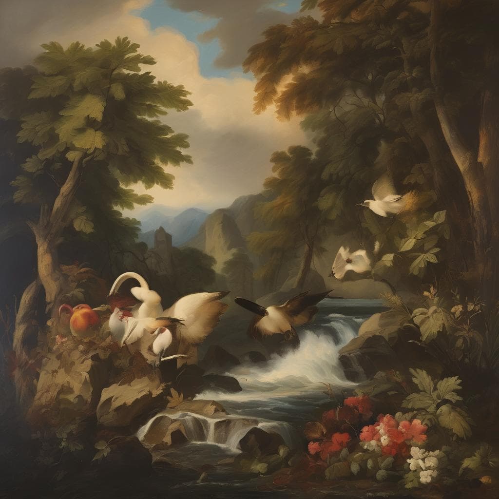 Μαύρη καλλιτεχνική παλέτα, ρομαντική τοπίο με πουλιά και ορμητικό ποτάμι, μεγάλα ονόματα τέχνης, έργα ζωγραφικής, ρεαλιστική landscape art, αγροτική σκηνή, φυσική ομορφιά, ζωγραφική με ιστορική αξία, διαχρονική τέχνη, δημιουργική έκφραση.
