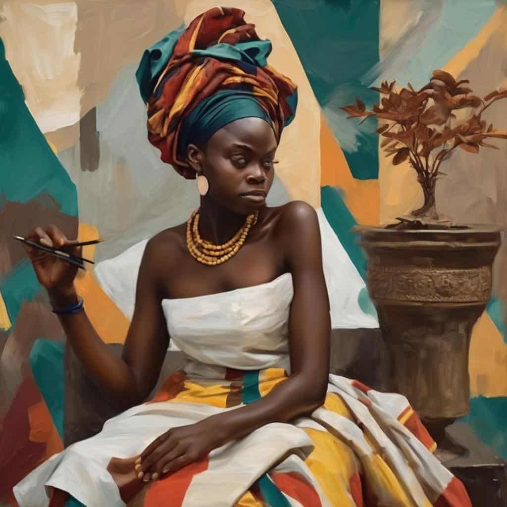 Λαμπρή αφίσα με εντυπωσιακή αφρικανική γυναίκα σε παραδοσιακή ενδυμασία και μεγάλο κεφαλοδέσιμο, δίπλα σε πήλινο αγγείο με φυτό. Ιδανικό για τέχνη, πολιτισμό και παραδοσιακές εικόνες.